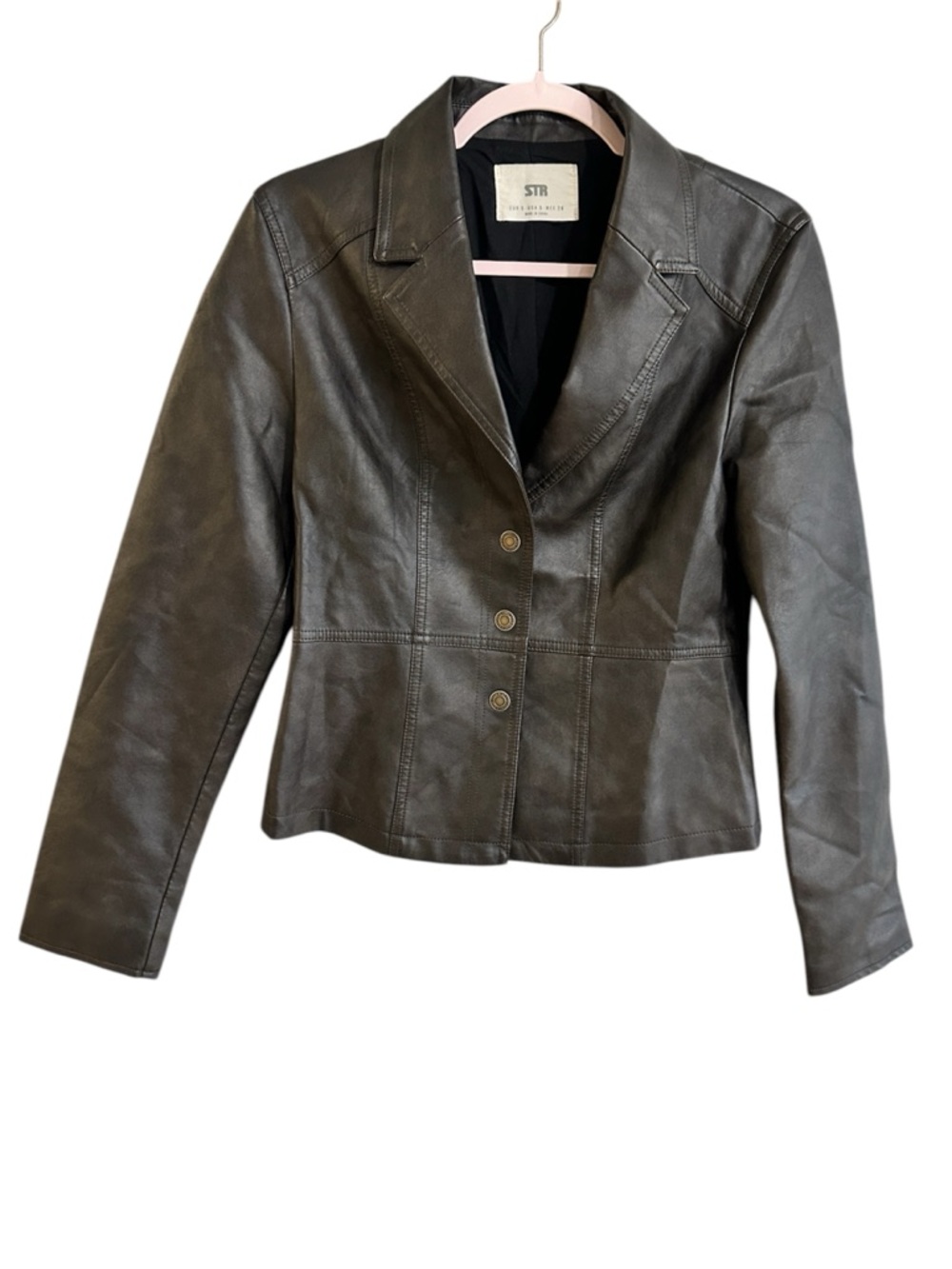 Stradivarius Women’s Faux Leather Jacket Espresso Brown Distressed Snap Front S